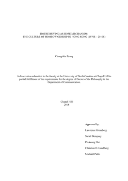 House Buying As Hope Mechanism: the Culture of Homeownership in Hong Kong (1970S – 2010S)