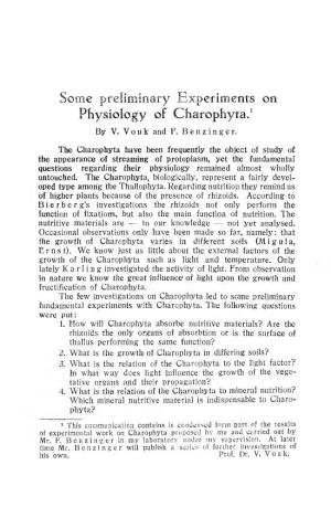 Some Preliminary Experiments on Physiology of Charophyta.1 by V