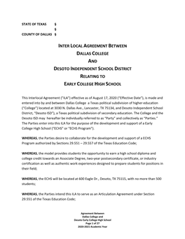 Inter Local Agreement Between Dallas College and Desoto Independent School District Relating to Early College High School