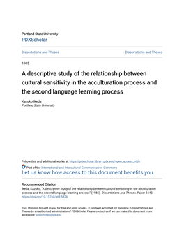 A Descriptive Study of the Relationship Between Cultural Sensitivity in the Acculturation Process and the Second Language Learning Process