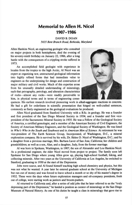 Memorial to Allen H. Nicol 1907-1986 DAVID B