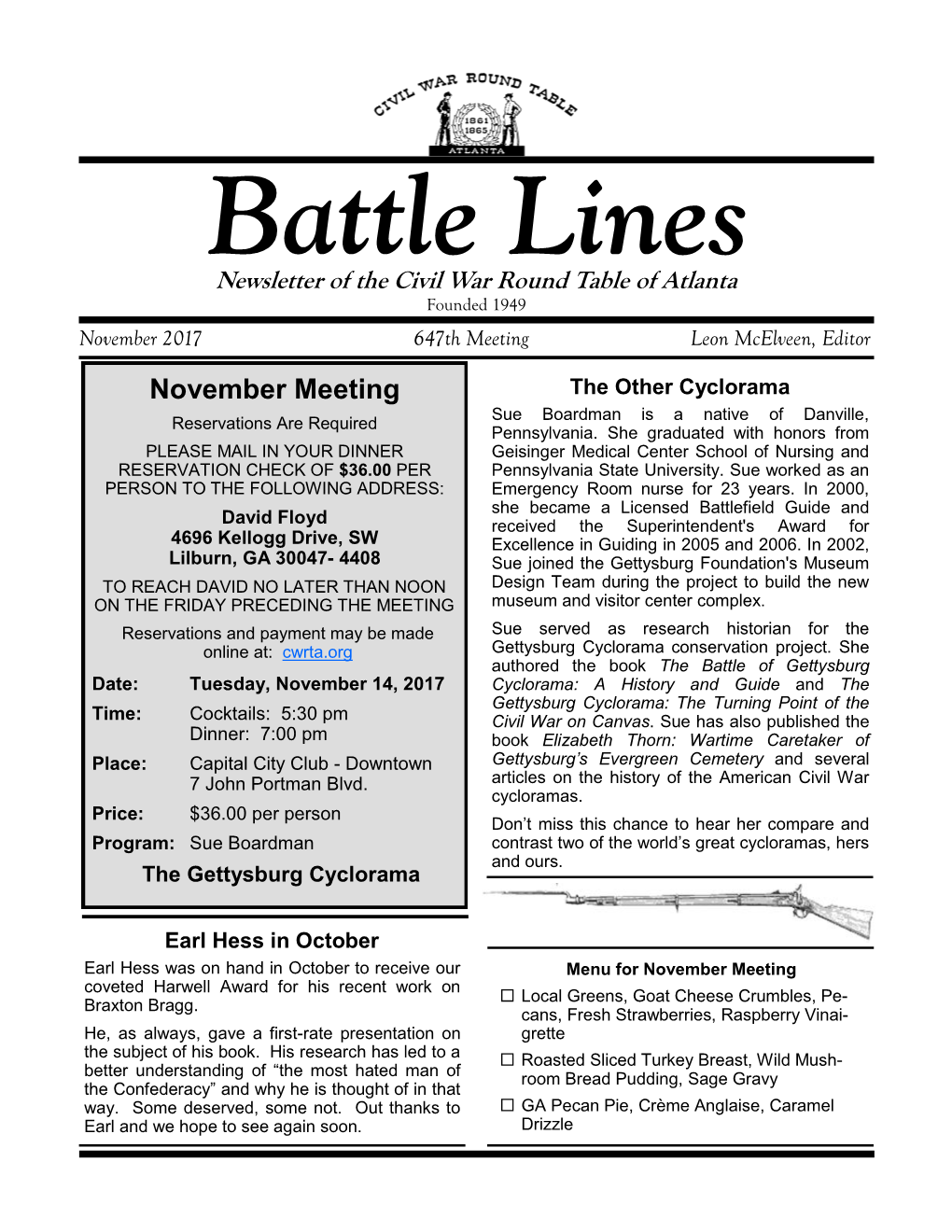 November Meeting the Other Cyclorama Sue Boardman Is a Native of Danville, Reservations Are Required Pennsylvania