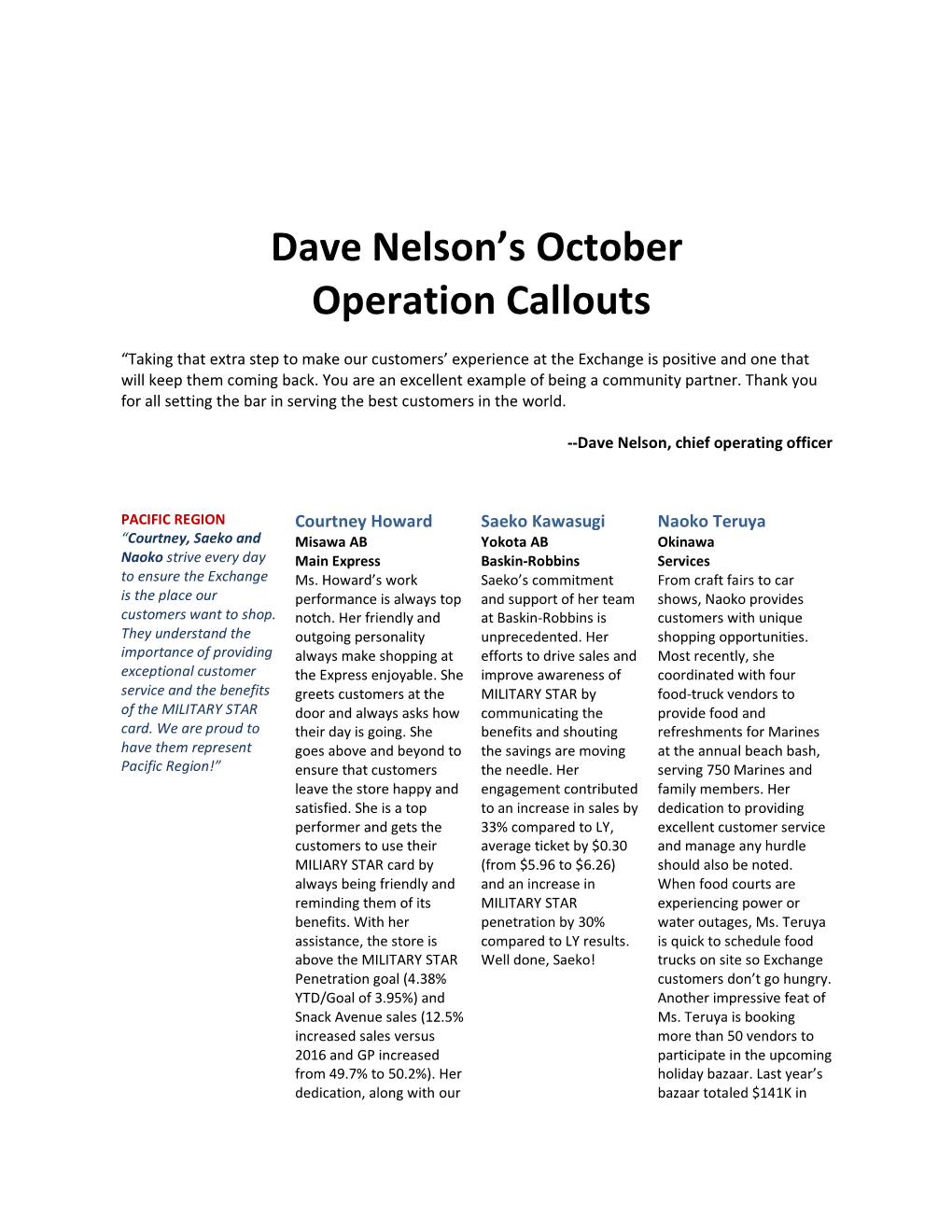 Dave Nelson's October Operation Callouts