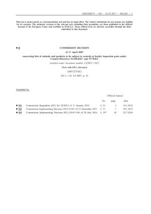 B COMMISSION DECISION of 17 April 2007 Concerning Lists of Animals