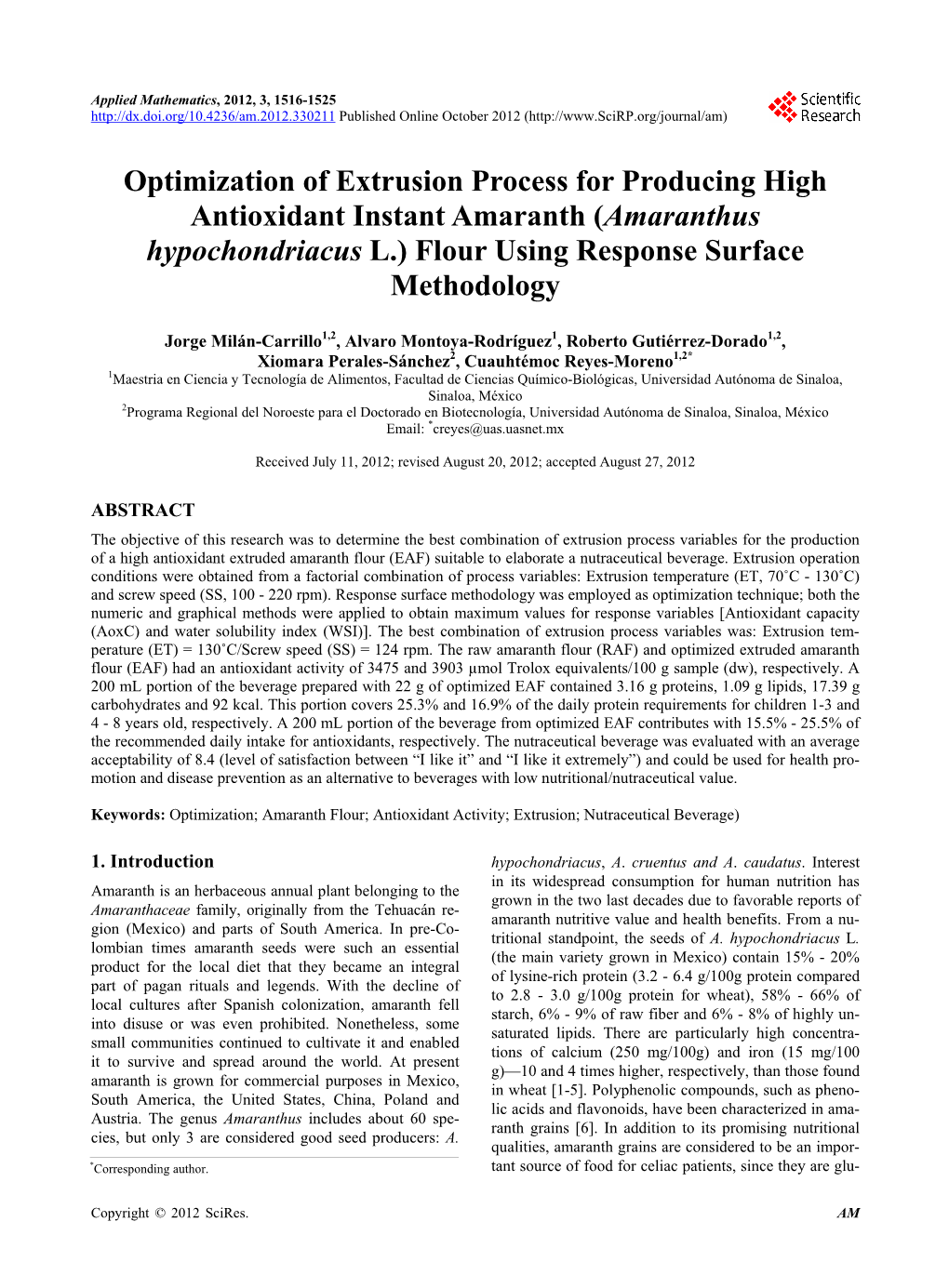 Optimization of Extrusion Process for Producing High Antioxidant Instant Amaranth (Amaranthus Hypochondriacus L.) Flour Using Response Surface Methodology