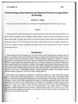 ASC Bulletin 76 2014 Field Clearing: Stone Removal and Disposal Practices in Agriculture & Farming James E. Gage with a Case