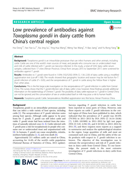 Low Prevalence of Antibodies Against Toxoplasma Gondii in Dairy Cattle from China's Central Region