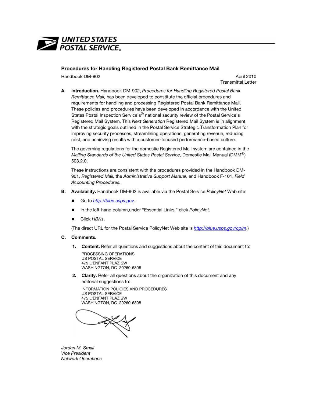 Procedures for Handling Registered Postal Bank Remittance Mail Handbook DM-902 April 2010 Transmittal Letter A