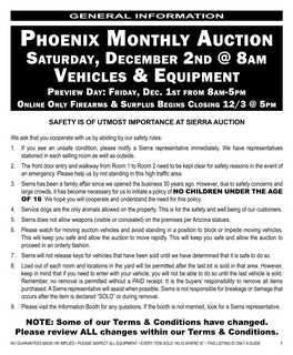 Phoenix Monthly Auction Saturday, December 2Nd @ 8Am Vehicles & Equipment Preview Day: Friday, Dec