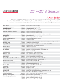 2017–2018 Season Artist Index