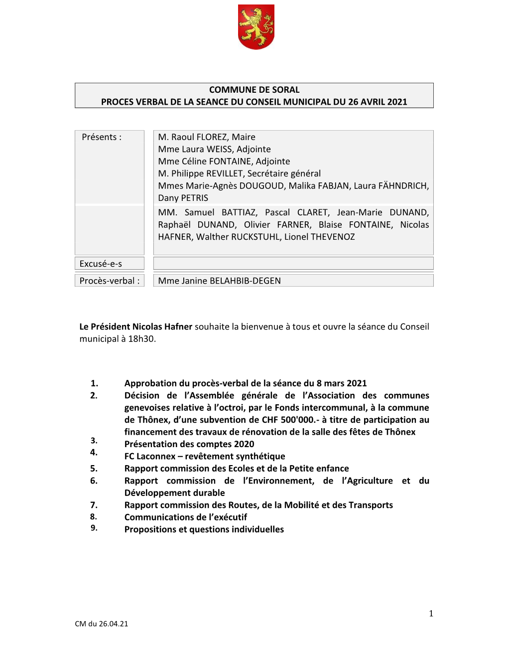 Commune De Soral Proces Verbal De La Seance Du Conseil Municipal Du 26 Avril 2021