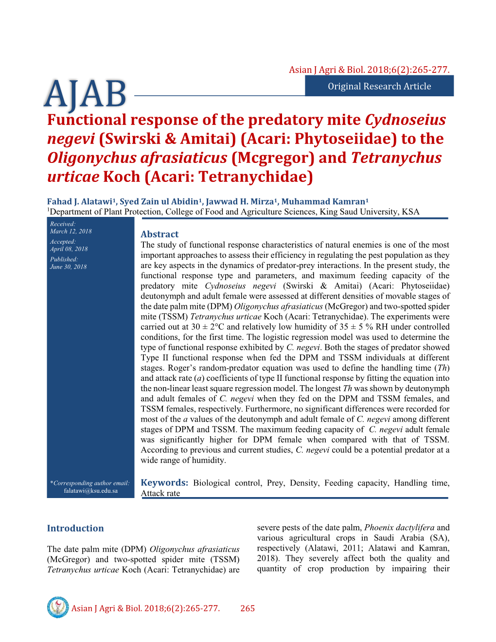 Functional Response of the Predatory Mite Cydnoseius Negevi (Swirski