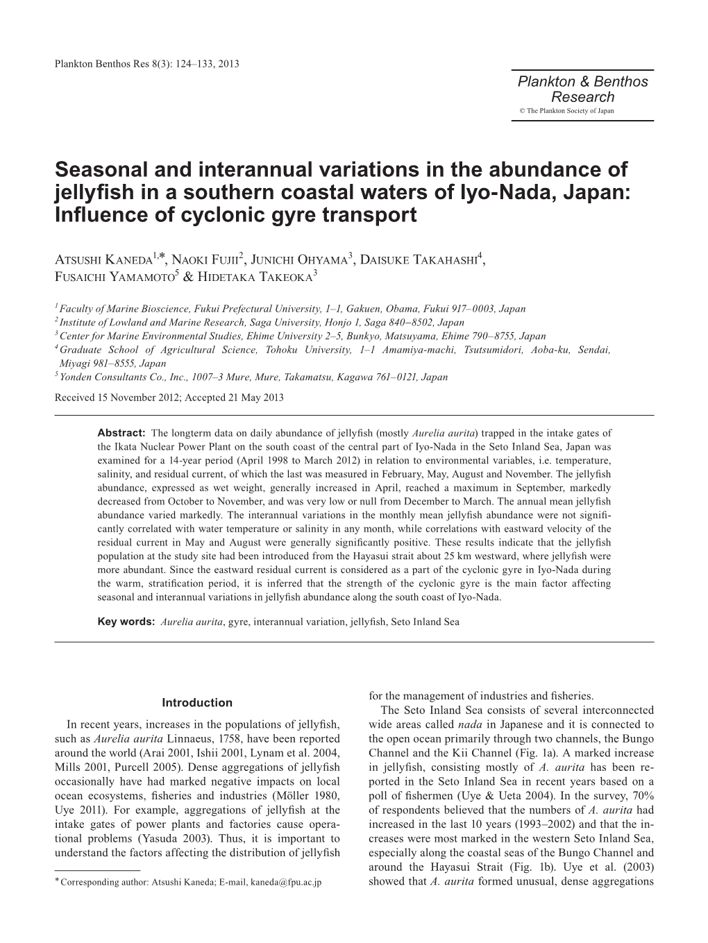 Seasonal and Interannual Variations in the Abundance of Jellyfish in A