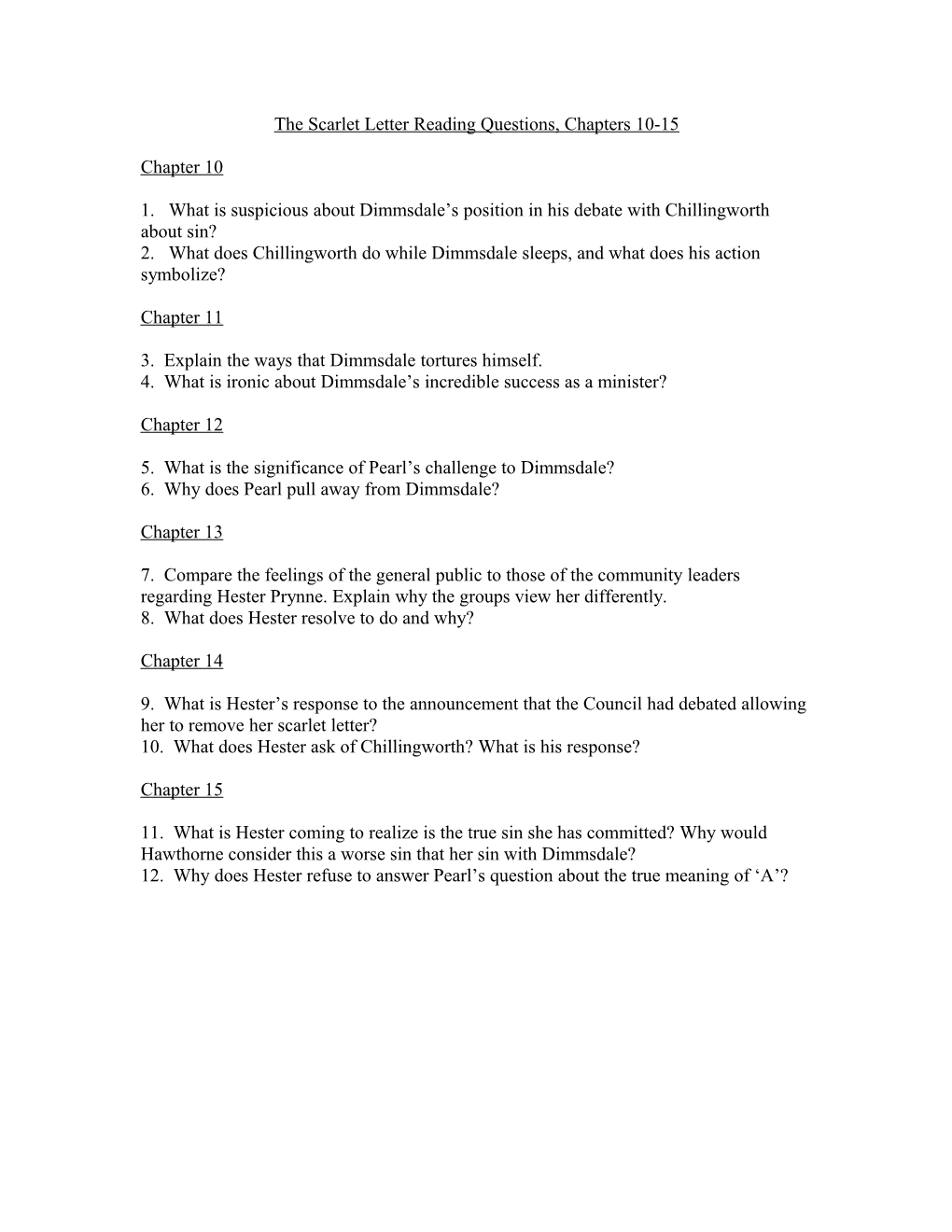 The Scarlet Letter Reading Questions, Chapters 10-15