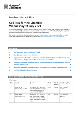 Call Lists for the Chamber Wednesday 14 July 2021