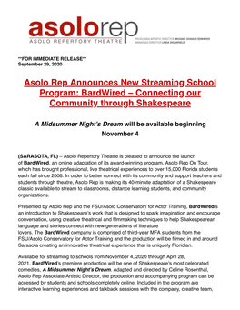 Asolo Rep Announces New Streaming School Program: Bardwired – Connecting Our Community Through Shakespeare