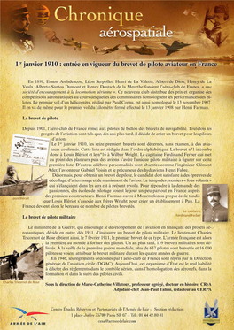 1Er Janvier 1910 : Entrée En Vigueur Du Brevet De Pilote Aviateur En France