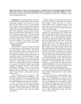 Dikes on Mars: (1) What to Look For? (2) a First Survey of Possible Dikes During the Mars Global Surveyor Aerobreaking and Science Phasing Orbits