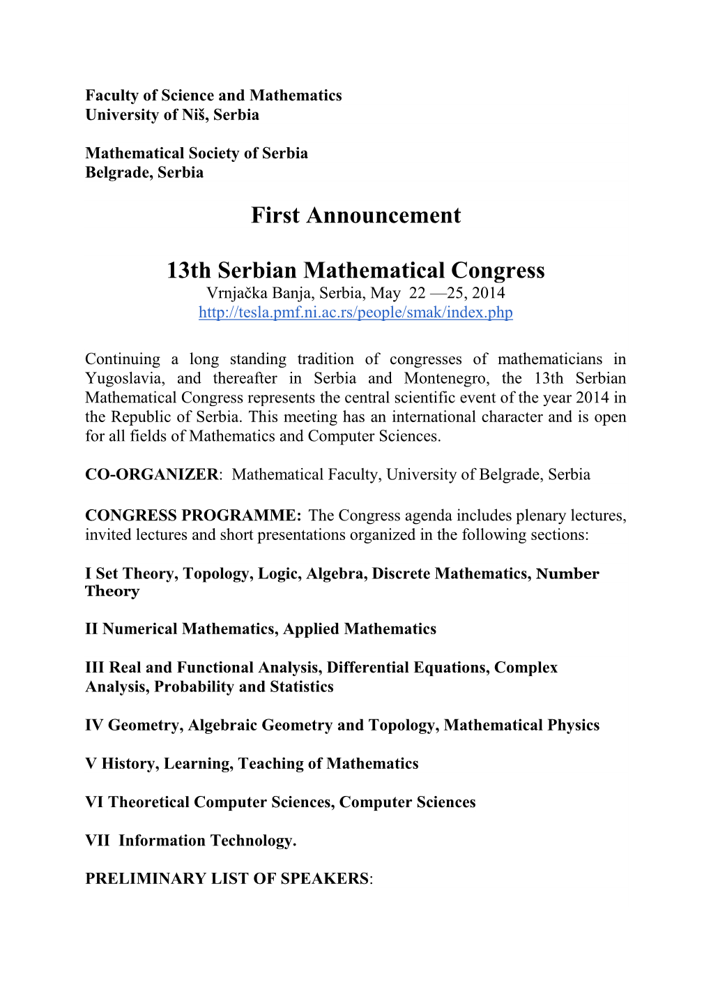 First Announcement 13Th Serbian Mathematical Congress