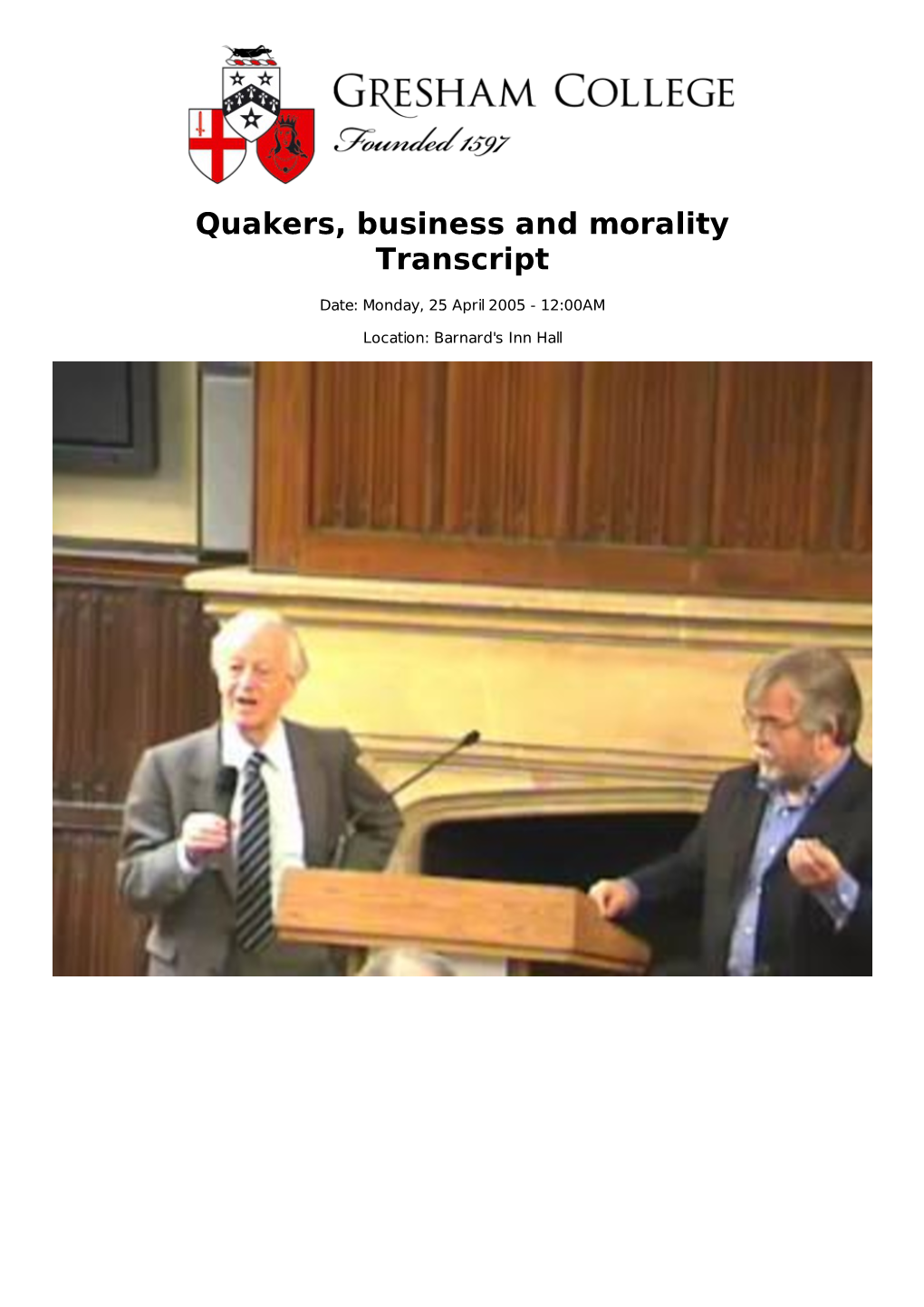 Quakers, Business and Morality Transcript