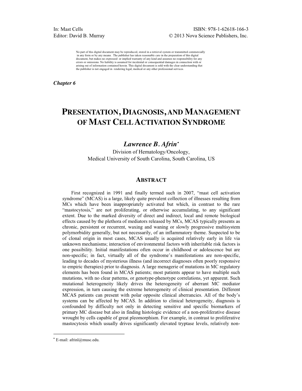 Presentation, Diagnosis,And Management of Mast Cell