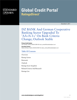 DZ BANK and German Cooperative Banking Sector Upgraded to 'AA-/A-1+' on Bank Criteria Change; Outlook Stable