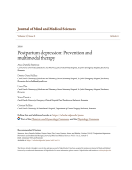 Postpartum Depression: Prevention and Multimodal Therapy Anca Daniela Stanescu Carol Davila University of Medicine and Pharmacy, Bucur Maternity Hospital, St
