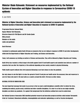 Minister Blade Nzimande: Statement on Measures Implemented by the National System of Innovation and Higher Education in Response to Coronavirus COVID-19 Epidemic