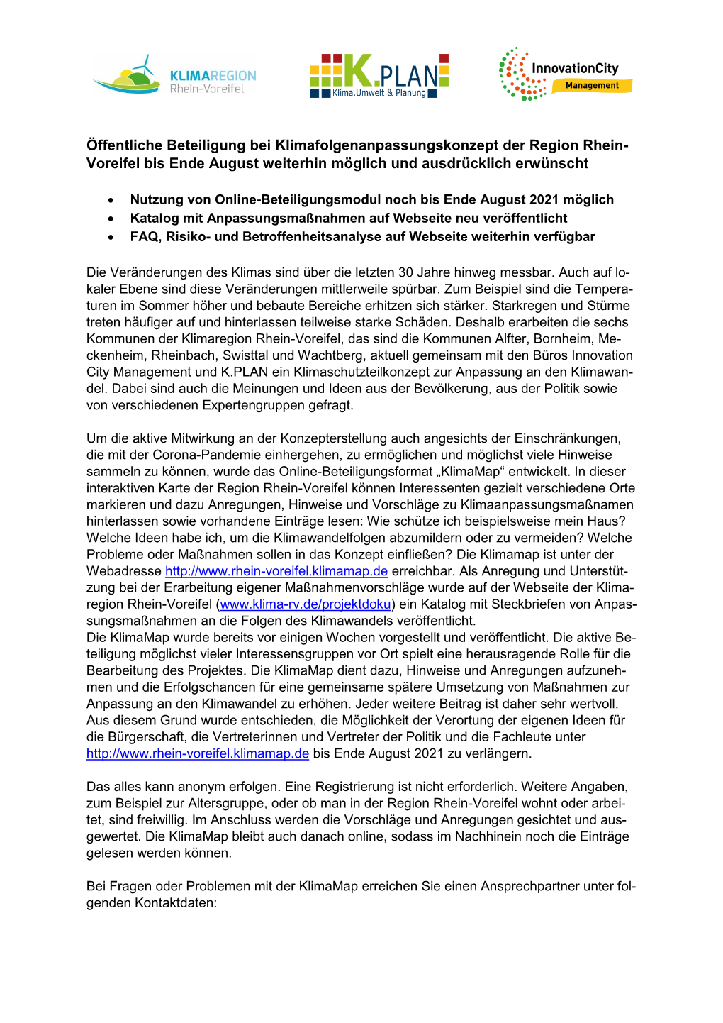 Öffentliche Beteiligung Bei Klimafolgenanpassungskonzept Der Region Rhein- Voreifel Bis Ende August Weiterhin Möglich Und Ausdrücklich Erwünscht