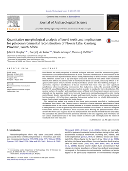 Quantitative Morphological Analysis of Bovid Teeth and Implications for Paleoenvironmental Reconstruction of Plovers Lake, Gauteng Province, South Africa