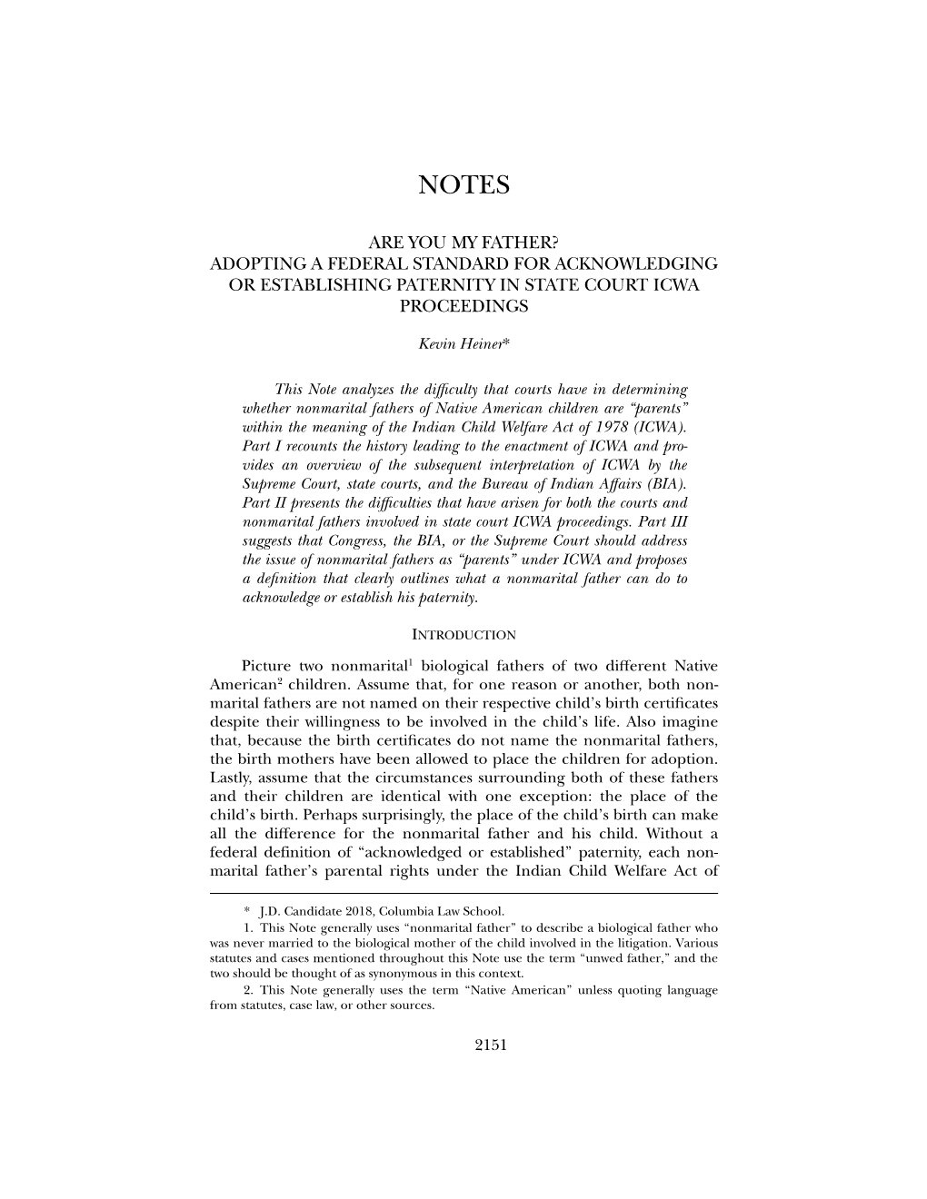 Are You My Father? Adopting a Federal Standard for Acknowledging Or Establishing Paternity in State Court Icwa Proceedings