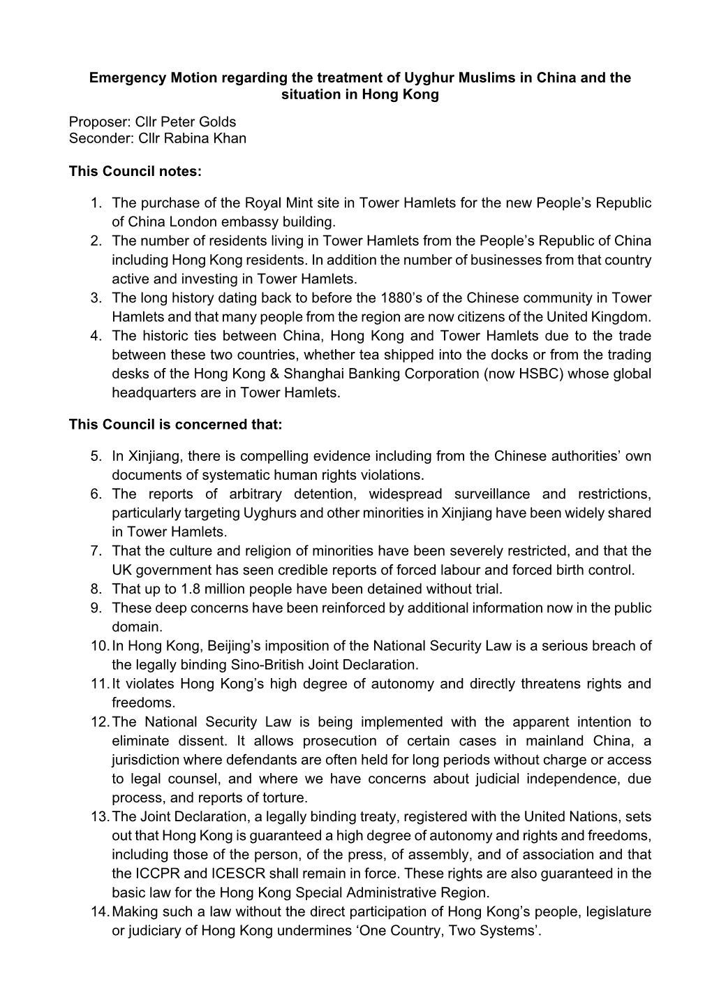 Emergency Motion Regarding the Treatment of Uyghur Muslims in China and the Situation in Hong Kong Proposer