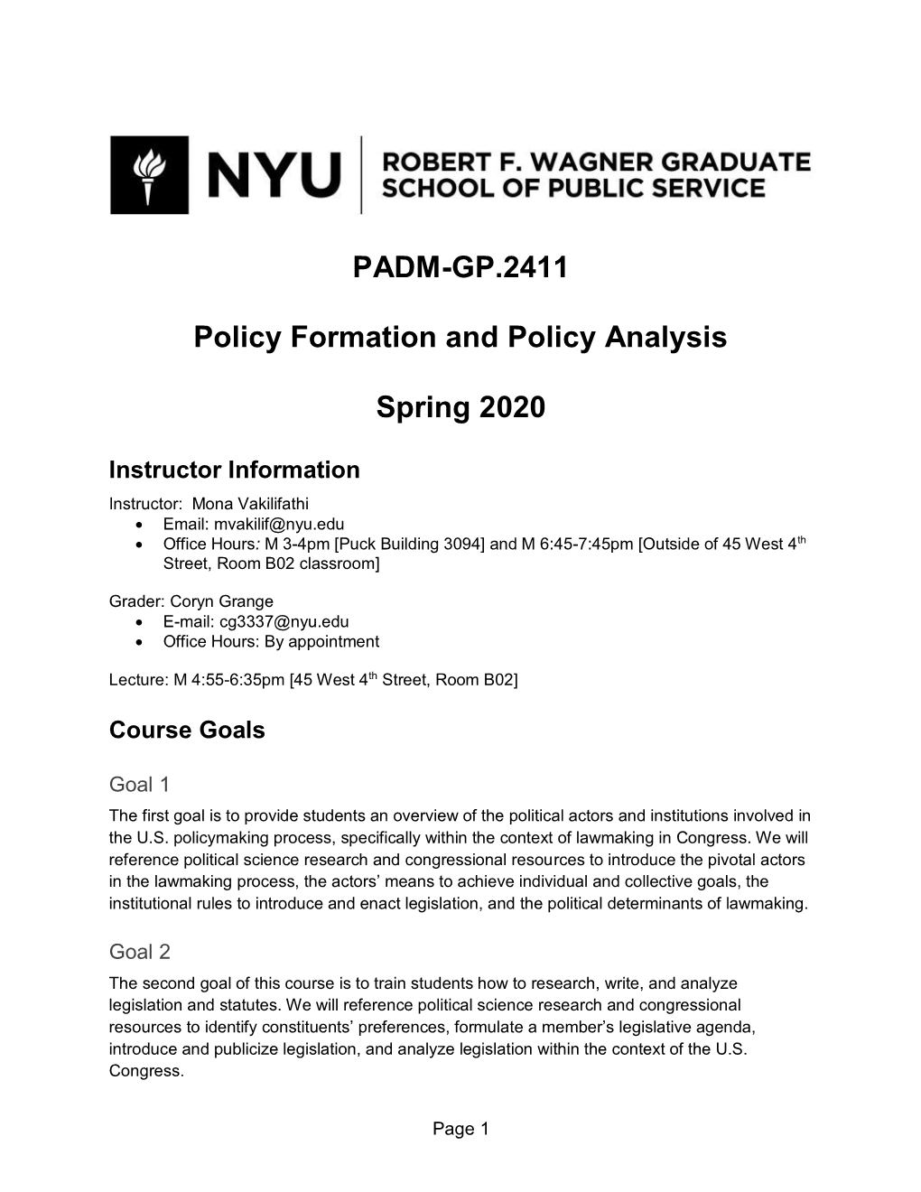PADM-GP.2411 Policy Formation and Policy Analysis Spring 2020