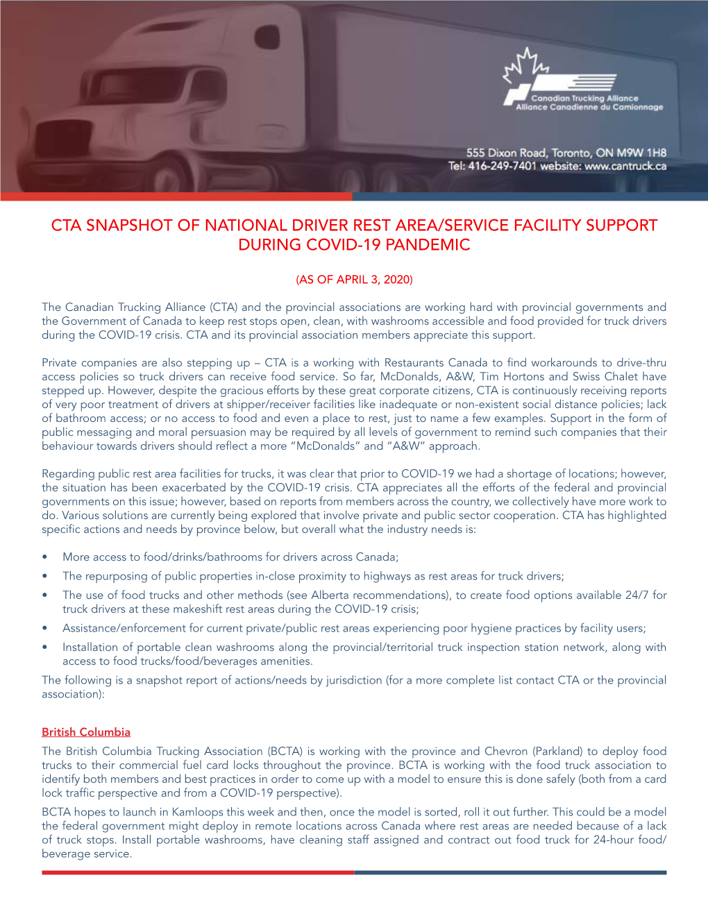 Cta Snapshot of National Driver Rest Area/Service Facility Support During Covid-19 Pandemic