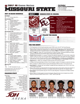 MISSOURI STATE Email: Rkindhart@Missouristate.Edu 2017-18 BEARS SCHEDULE GAME 7 MISSOURI STATE VS