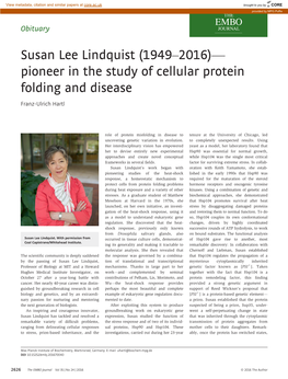 Susan Lee Lindquist (1949–2016)— Pioneer in the Study of Cellular Protein Folding and Disease