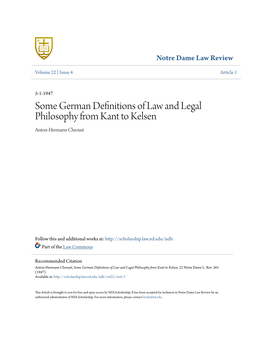 Some German Definitions of Law and Legal Philosophy from Kant to Kelsen Anton-Hermann Chroust