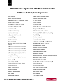 2016 ECAR Student Study Participating Institutions