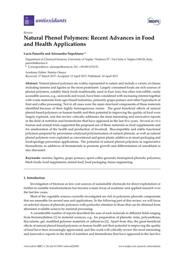 Natural Phenol Polymers: Recent Advances in Food and Health Applications