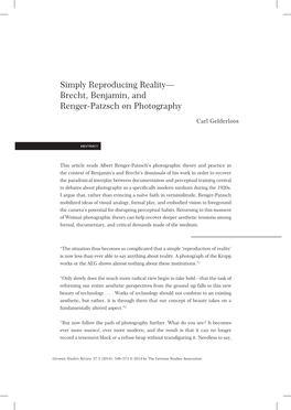 Simply Reproducing Reality— Brecht, Benjamin, and Renger-Patzsch on Photography