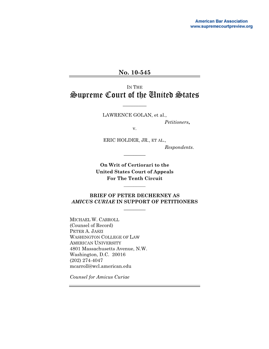 Brief of Petitioner for Golan V. Holder; 10-545