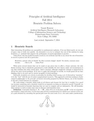 Principles of Artificial Intelligence Fall 2014 Heuristic Problem Solvers