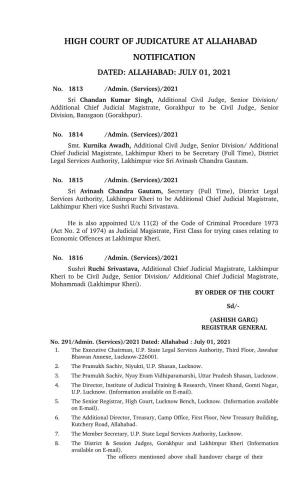 High Court of Judicature at Allahabad Notification Dated: Allahabad: July 01, 2021