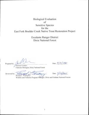 Biological Evaluation of Sensitive Species for the East Fork Boulder Creek Native Trout Restoration Project
