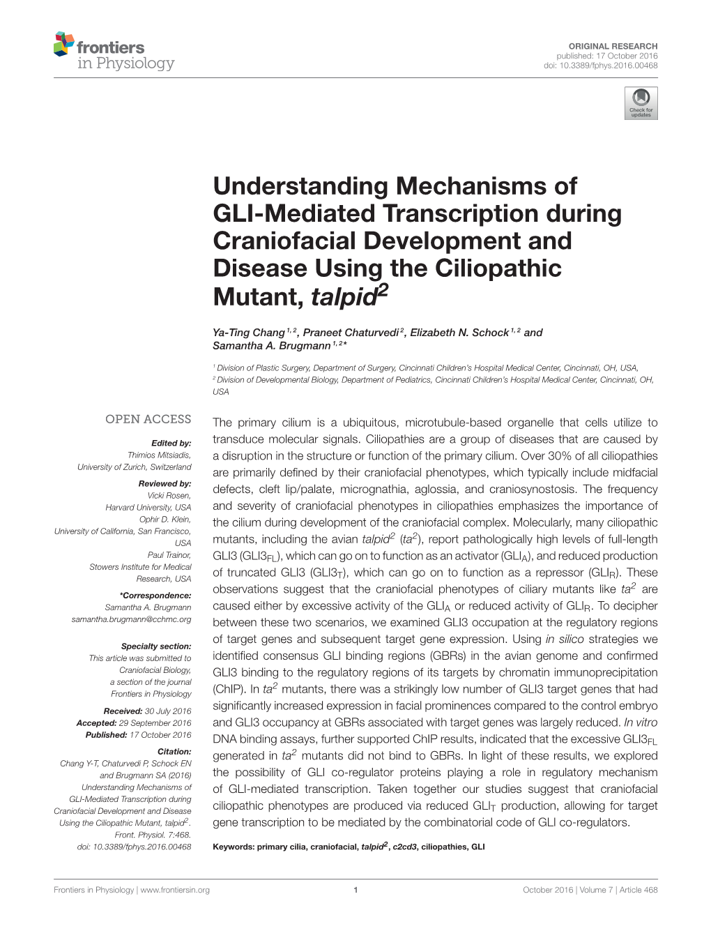 Understanding Mechanisms of GLI-Mediated Transcription During Craniofacial Development and Disease Using the Ciliopathic Mutant, Talpid2