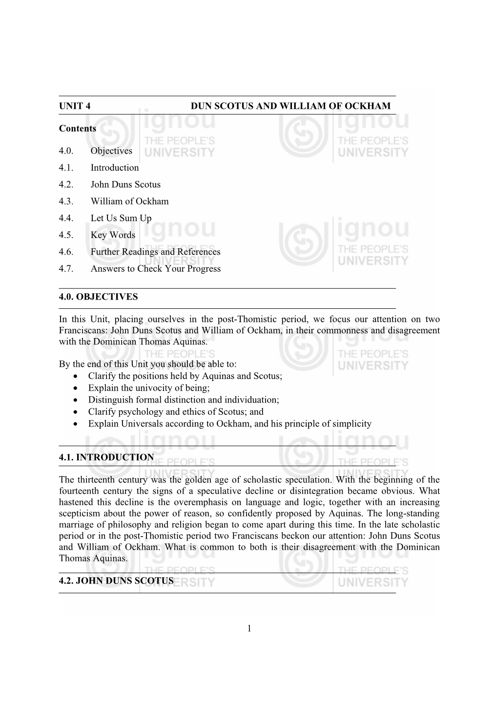 1 UNIT 4 DUN SCOTUS and WILLIAM of OCKHAM Contents