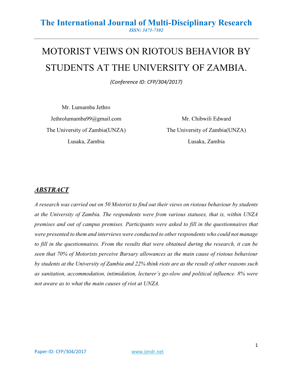 Motorist Veiws on Riotous Behavior by Students at the University of Zambia