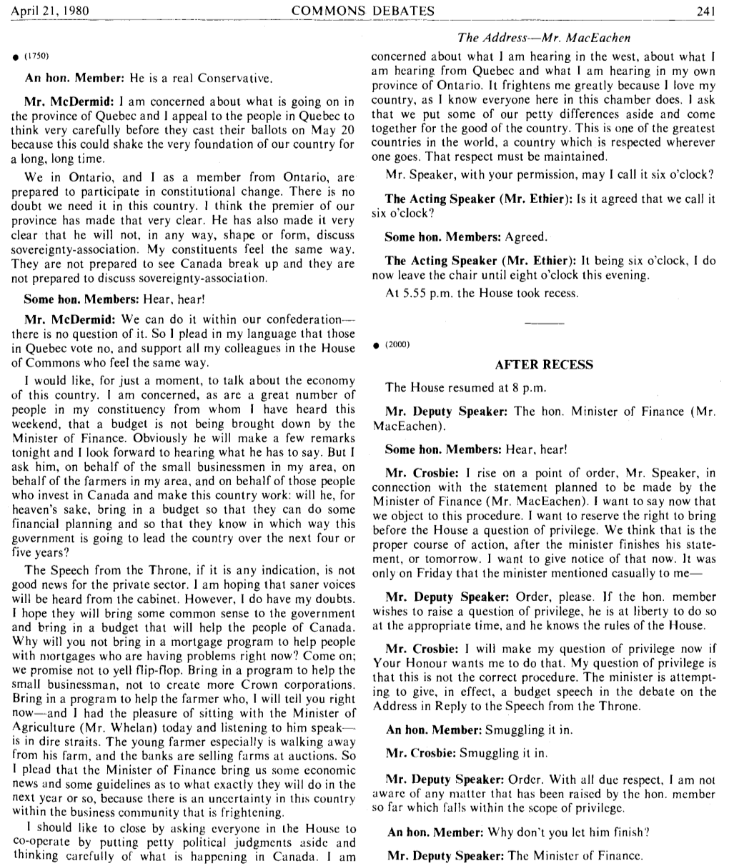 The Address-Mr. Maceachen Concerned About What I Am Hearing in the West, About What I Am Hearing from Quebec and What I Am Hearing in My Own an Hon