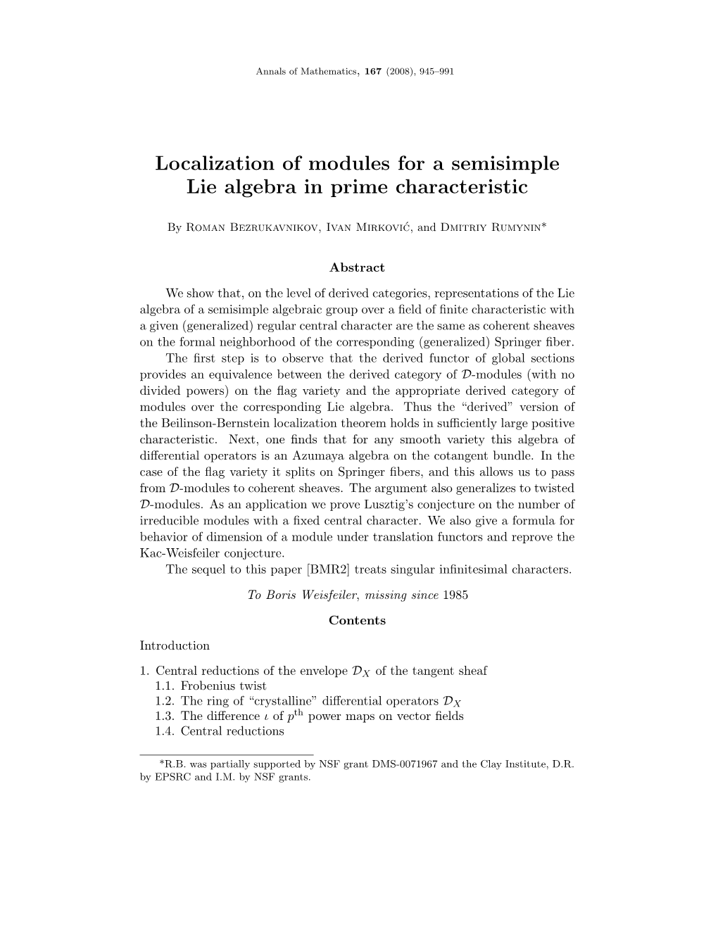 Localization of Modules for a Semisimple Lie Algebra in Prime Characteristic