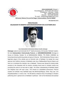 Press Release Kalasagar to Observe Gurusmaranadinam on 14 October 2013